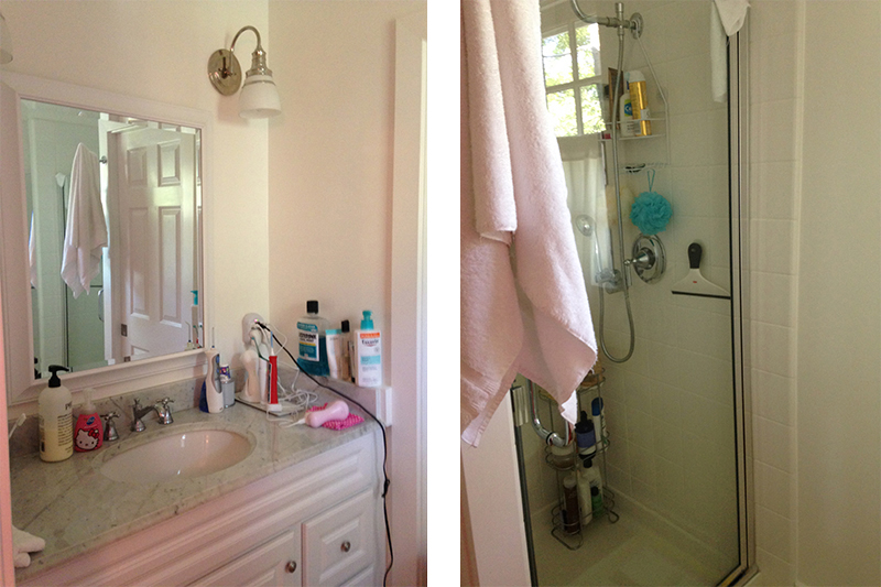 Before renovation: the vanity to the left; standing shower to the right.